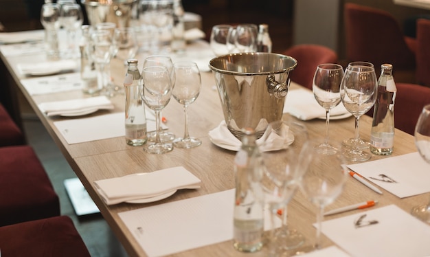 Table in the restaurant, served for wine tasting.