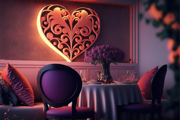 Стол в ресторане со стеной в форме сердца за ним.