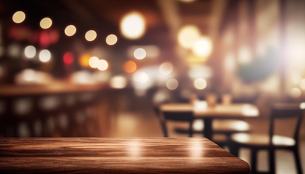 A table in a restaurant with lights in the background