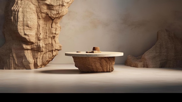 a table and rock on a gray concrete background