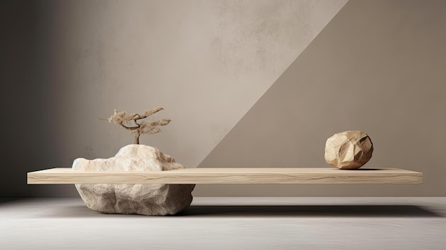 a table and rock on a gray concrete background