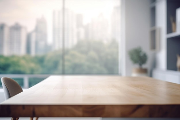 A table in a room with a view of the city