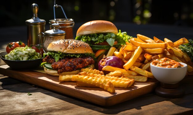 Table scene of assorted take out or delivery foods Hamburgers pizza fried chicken and sides