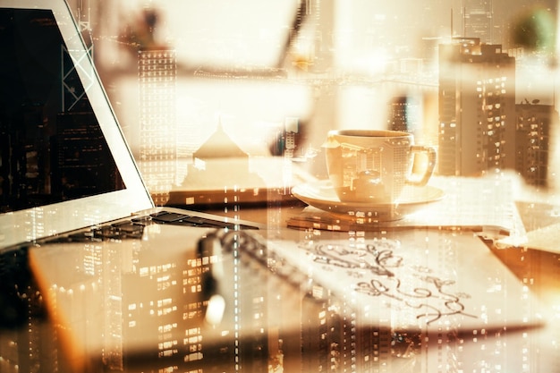 Table on sepia city background