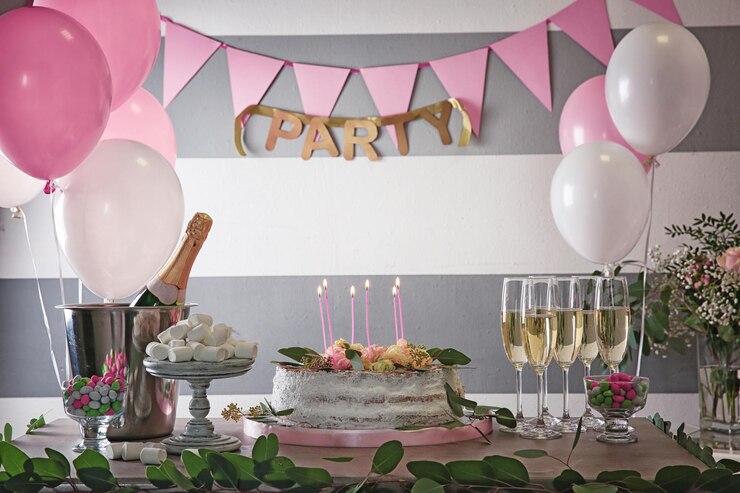 Photo table served for birthday dinner in living room