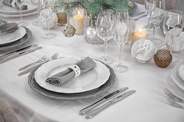 Table served for Christmas dinner, close up view