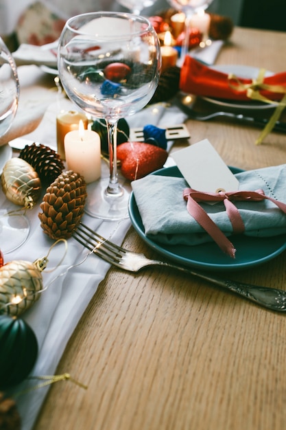 Table served for Christmas dinner in living room