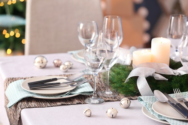 Table served for Christmas dinner in living room