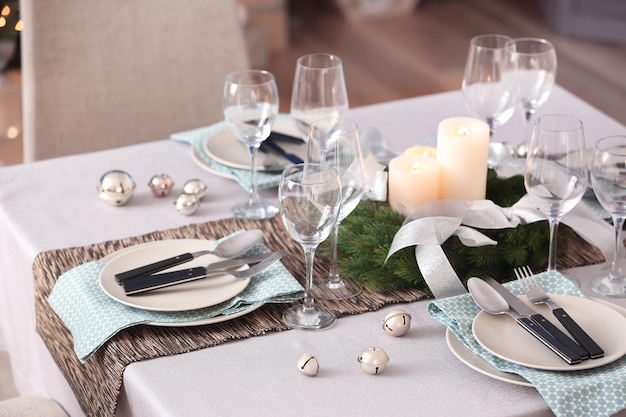 Table served for Christmas dinner in living room