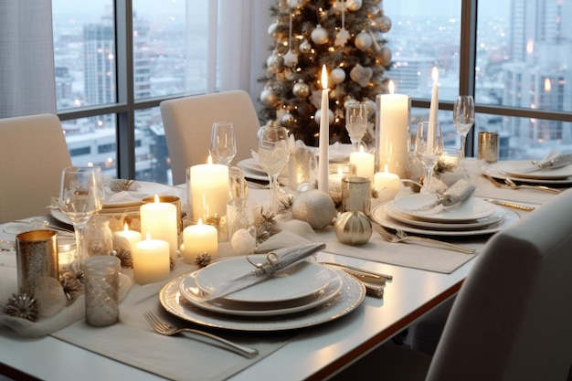 Table served for Christmas dinner with candles lights and tableware AI Generated