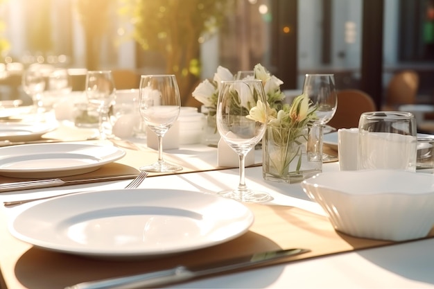 Table set for a banquet with dishes in a restaurant