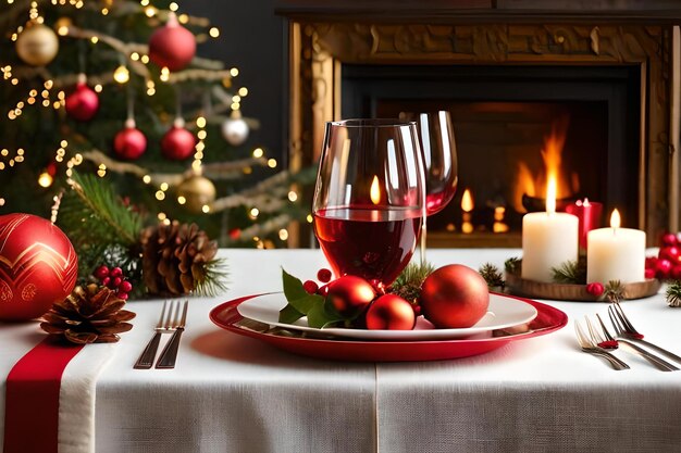 Накрытый стол для рождественского ужина с бокалом вина и свечой.
