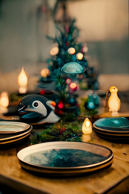 A table set for a christmas dinner with a penguin on it