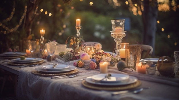 キャンドルを灯したディナーパーティー用のテーブルセット