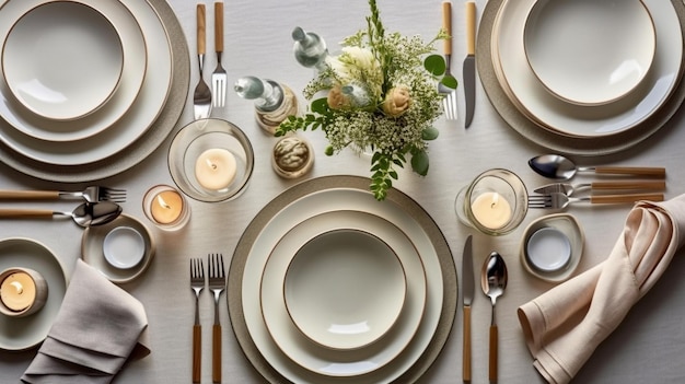 a table set for a dinner with a bunch of flowers and a vase with flowers in it