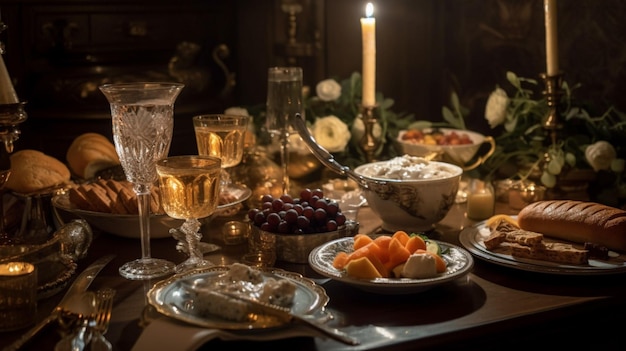 A table set for a dinner with a candle lit