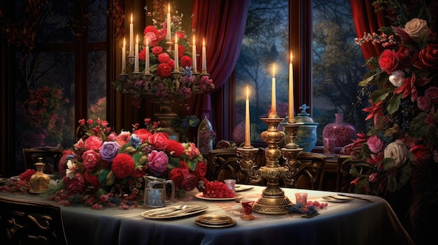 Стол для ужина с свечами и цветами и свечами Генеративный ИИ