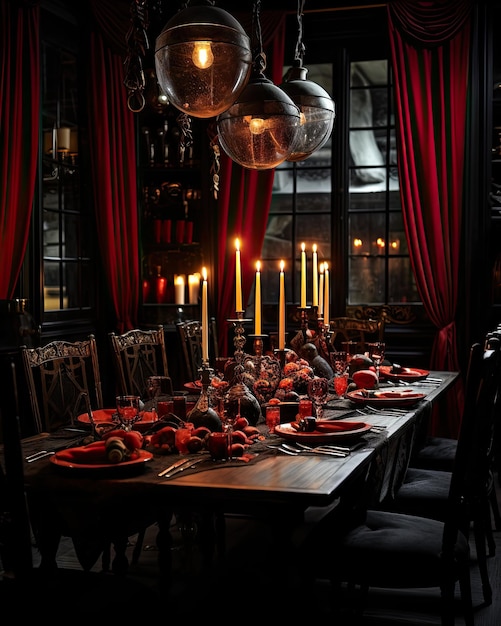 a table set for dinner with candles and red curtains in the background photo is taken to the right from behind