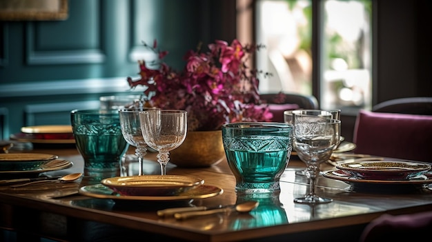 A table set for a dinner with a purple flower in the background