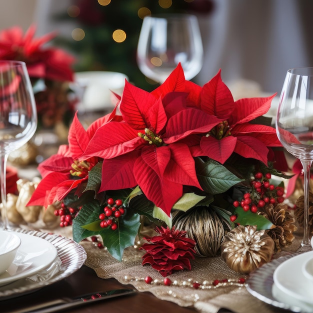 A table set for a festive Christmas dinner with a centerpiece of poinsettias