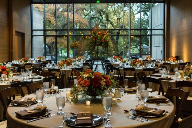 A table set for a formal dinner in front of a large window