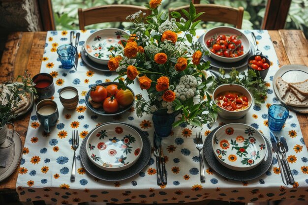 A table set for a meal with colorful dishes and utensils arranged in a geometric pattern