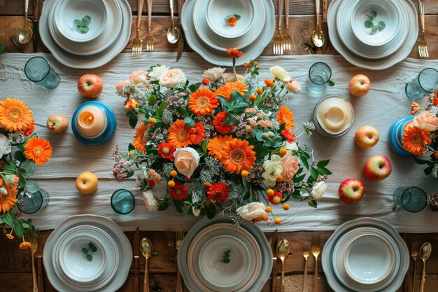 A table set for a meal with colorful dishes and utensils arranged in a geometric pattern