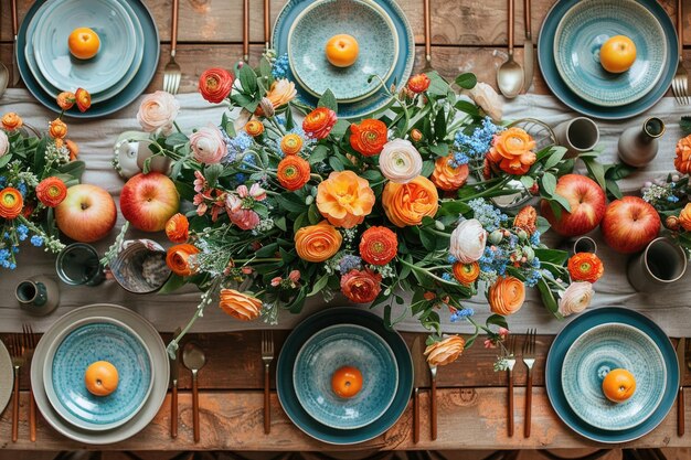 A table set for a meal with colorful dishes and utensils arranged in a geometric pattern