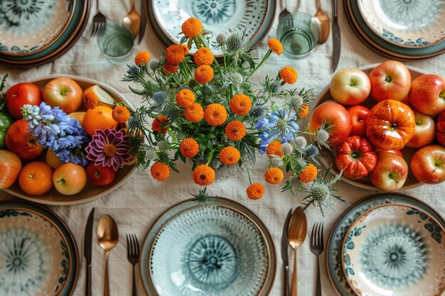 A table set for a meal with colorful dishes and utensils arranged in a geometric pattern