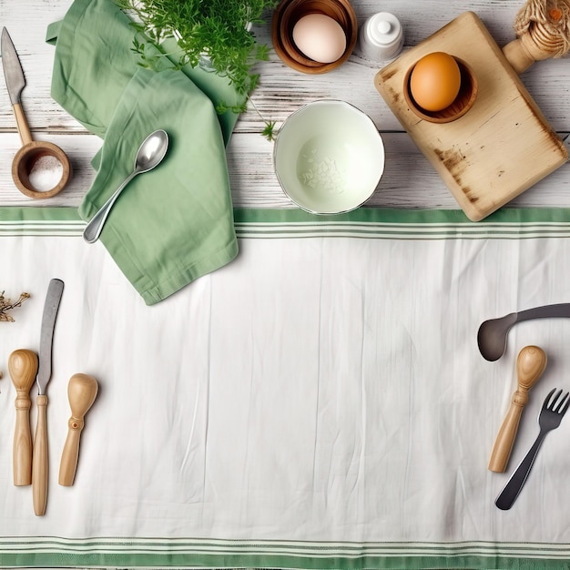 A table set for a meal with a green striped table cloth.