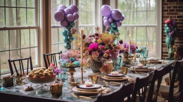 Photo a table set for a party with balloons and flowers