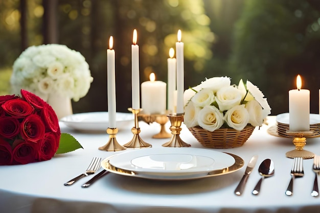 A table set for a romantic dinner with a table setting for two and a candle in the middle.