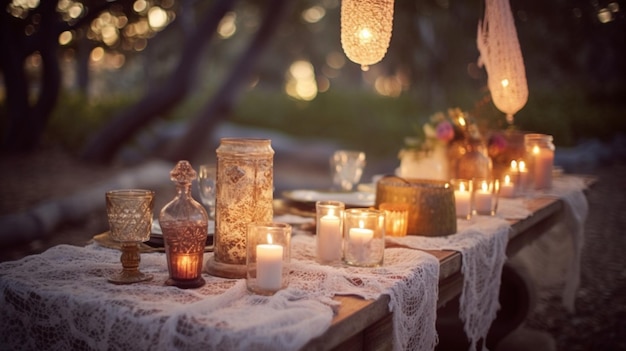 A table set up for a wedding dinner with candles