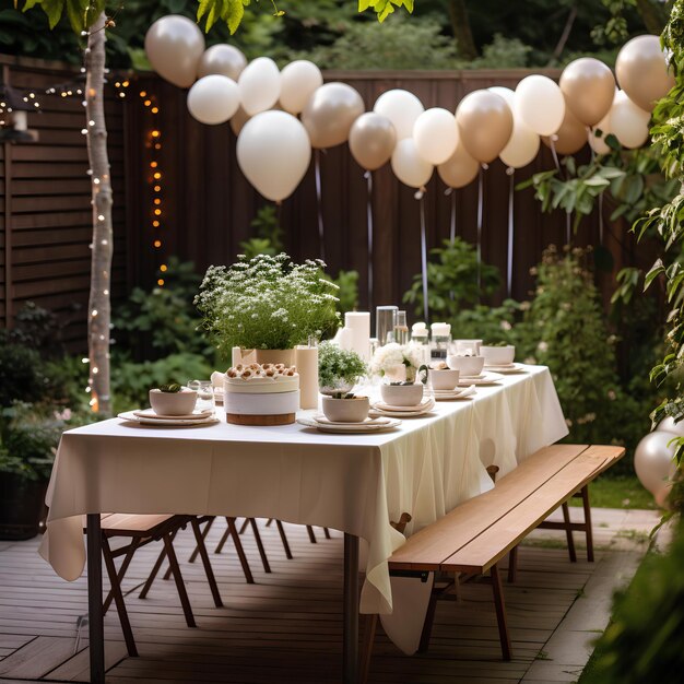 A table set up with balloons and candles