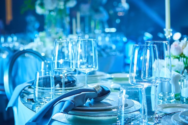 Table set for wedding or another catered event dinner Shallow dof