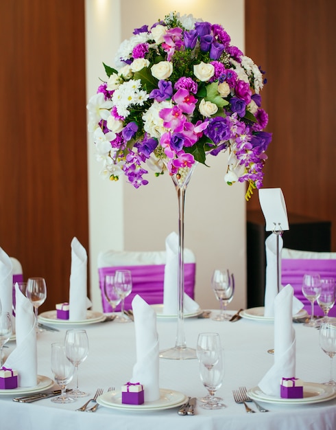 Table set for wedding or another catered event dinner. 