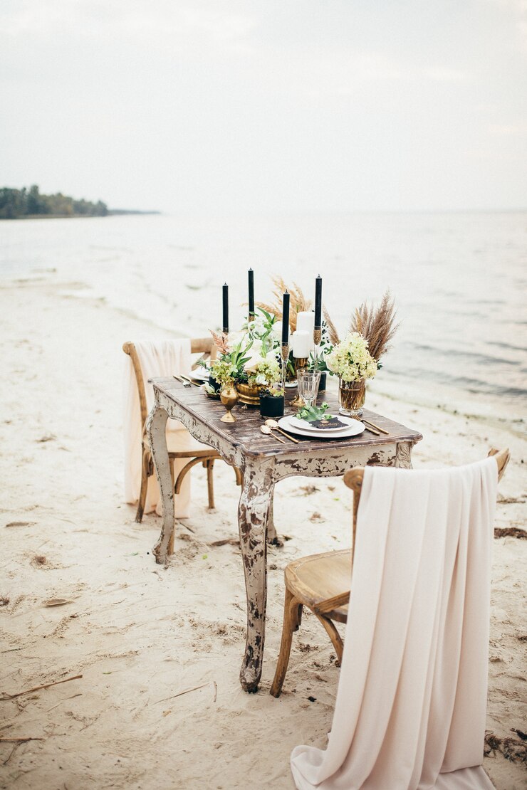 Photo table set for wedding or another catered event dinner. 