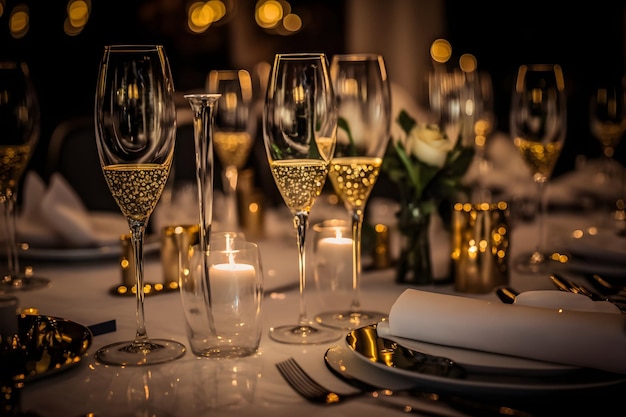 Foto un tavolo apparecchiato per un ricevimento di nozze con bicchieri di champagne e un piatto di cibo.