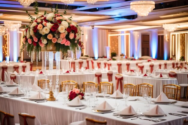 A table set for a wedding reception with a flower arrangement on the table.