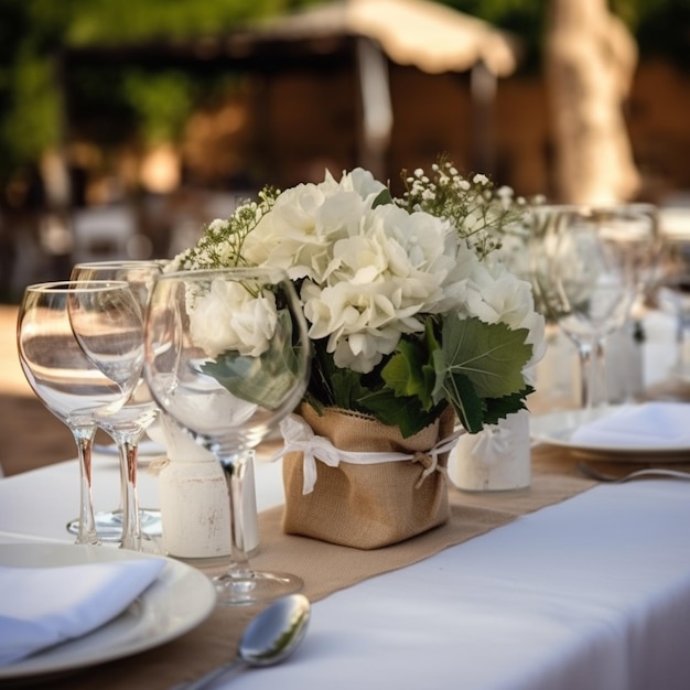 A table set for a wedding reception with white flowers and a white ribbon.