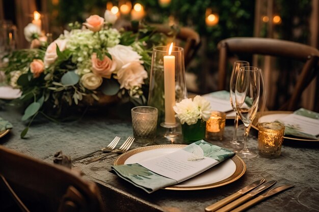 a table set for a wedding with a candle in the center.