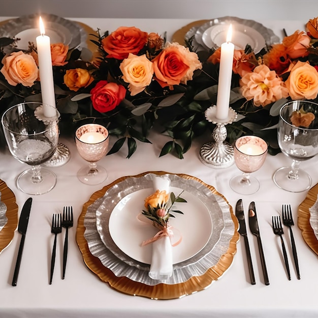 キャンドルと花が置かれた結婚式用のテーブルセット。