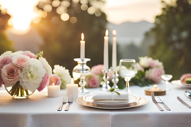 A table set for a wedding with a candle in the middle