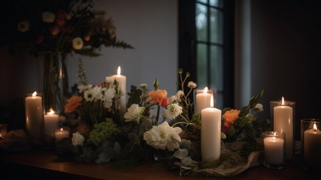 A table set for a wedding with candles and flowers