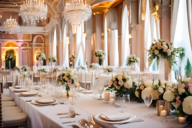 A table set for a wedding with a chandelier and flowers.