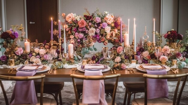 A table set for a wedding with a floral arrangement and candles