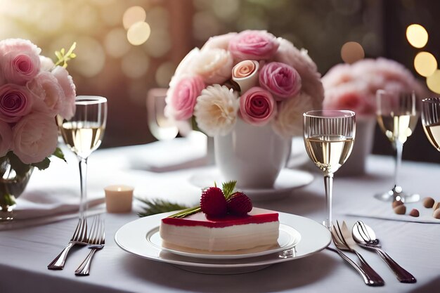 A table set for a wedding with flowers and a cake