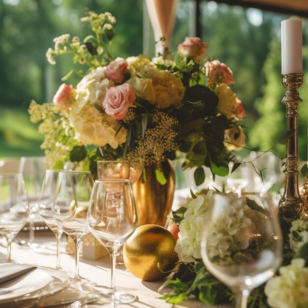 꽃과 양초가 있는 결혼식을 위한 테이블 세트.