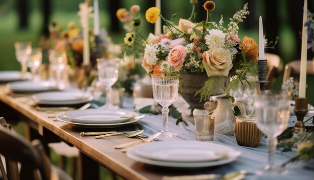 a table set for a wedding with flowers and vases.