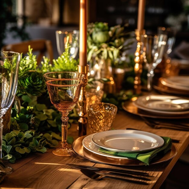 A table set for a wedding with a green plant on it